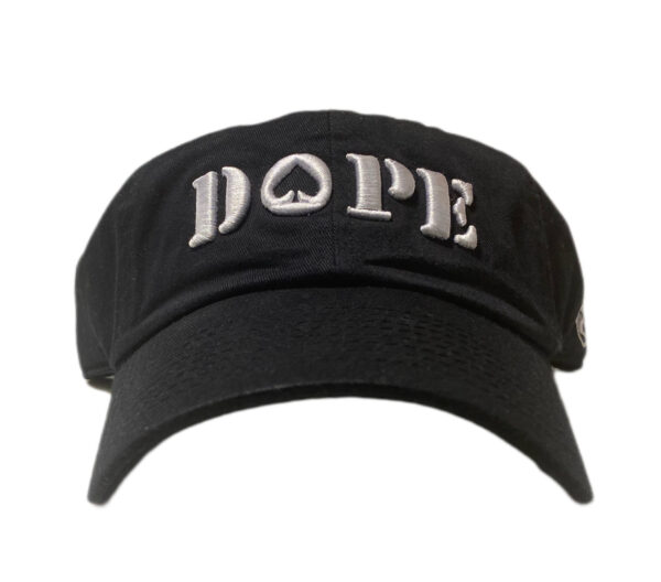 A black hat with the word " dope " on it.