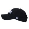 A black hat with a white logo on it