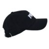 A black hat with the word " north " on it.