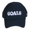 A black hat with the word " goals " written on it.