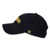 A black hat with a yellow logo on it.