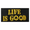 A black patch with yellow writing on it.