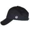 A black hat with a white logo on it