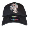 A black hat with a picture of two people.