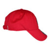 A red hat with a black and white stripe on the side.