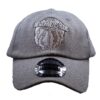 A gray hat with the world 's best logo on it.