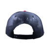 A black hat with red brim and white logo.