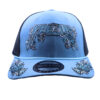 A blue and black hat with a design on it