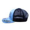 A blue and black hat with a mustache on it