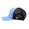 A light blue and black hat with a white logo.