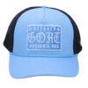 A light blue and black hat with a goat logo.