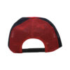 A red and black hat with a logo on it.