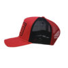 A red and black hat with the words " red " on it.