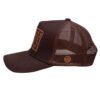 A brown hat with an orange patch on the side.