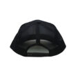 A black hat with a white and red logo on it