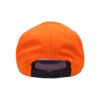 A back view of an orange hat with black brim.