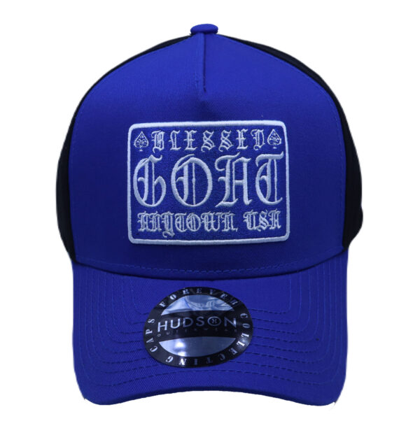 A blue and black hat with an embroidered logo.