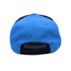 A blue and black hat with a logo on it.