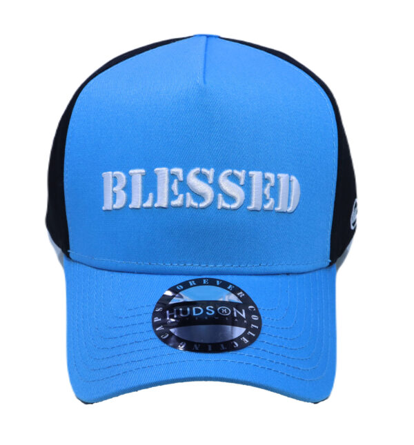A blue and black hat with the word blessed on it.