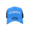 A blue and black hat with the word blessed on it.