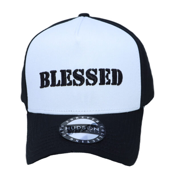 A black and white hat with the word blessed on it.