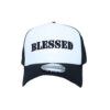 A black and white hat with the word blessed on it.