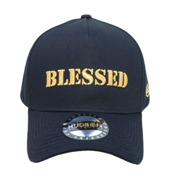 A black hat with the word blessed on it.