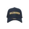 A black hat with the word blessed on it.
