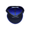 A blue and black hat is shown with the inside of it.