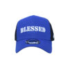 A blue and black hat with the word blessed on it.