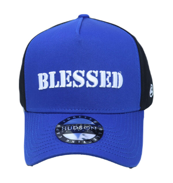 A blue and black hat with the word blessed on it.