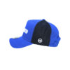 A blue and black hat with the word " team " on it.