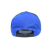 A blue and black hat with a logo on it.