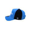 A blue and black hat with the word " detroit " on it.