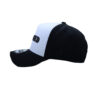 A black and white hat with a patch on the side.