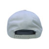 A white hat with a black and red logo on it.