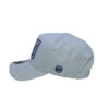 A white hat with a blue logo on it