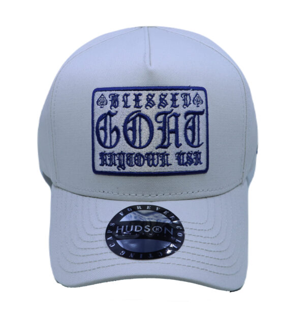 A white hat with a patch on it