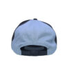 A black and white hat with a blue brim