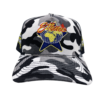 A black and white camo hat with a star on it.