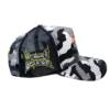 A black and white hat with a cartoon character on it.