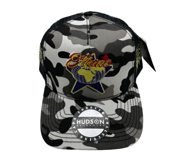 A black and white camouflage hat with an embroidered logo.
