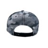 A black and white camouflage hat with a black strap.