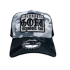 A black and white hat with a patch on it