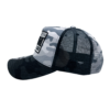A black and white hat with camouflage pattern
