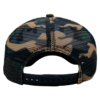 A camouflage hat with a black and brown mesh back.
