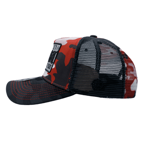 A red and black hat with camouflage pattern.