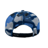 A blue and white camo hat with a black mesh back.