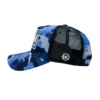 A blue and black hat with a white logo on it.