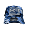 A blue camo hat with a patch on the front.